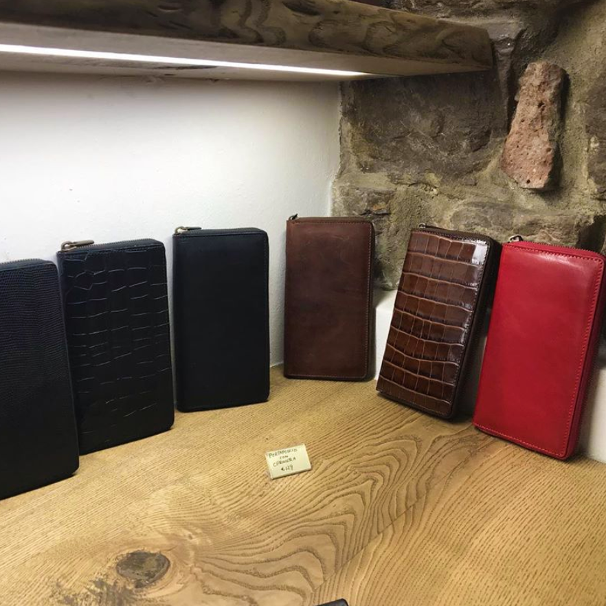 Handmade leather wallets in a shop in Florence