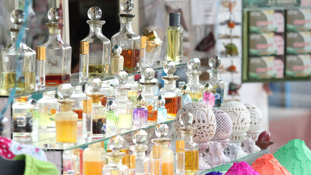 Handcrafted perfumes on display in a trendy shop in Florence