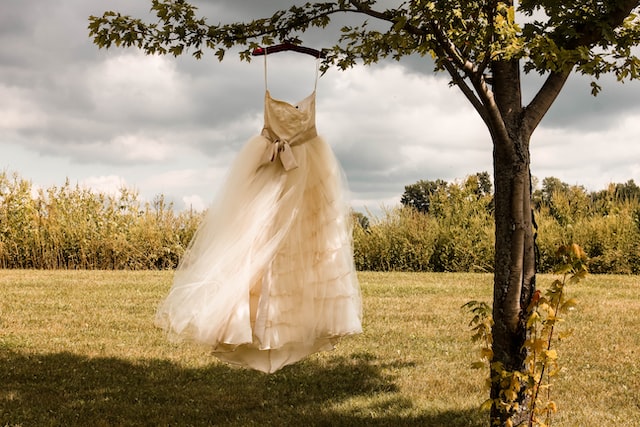 A gorgeous wedding dress hangs from a tree in Tuscany